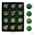Vintage green Christmas ball ornaments set of 12 with gold glitter and geometric patterns - 8cm / Antique Ball Set A / Set of 12