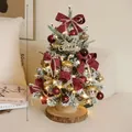 60cm Mini DIY table Christmas tree decorated with red velvet bows and warm LED lights - PE LED Flocked Tree (60cm Red Acorn Set)