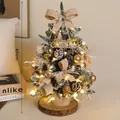 45cm Mini tabletop Christmas tree decorated with warm LED lights and burlap bows. - PE LED Flocked Tree (45cm Golden Acorn Set)