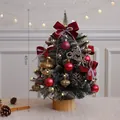 Detailed view of a 45cm decorated tabletop Christmas tree with red bows and warm LED lights - Red Acorn (Snowy Style) / 45cm / Red