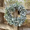 Close-up of artificial Lamb's Ear wreath on rustic wooden fence for farmhouse decor. - 45cm