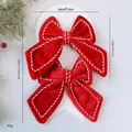 Large red velvet Christmas bows with white stitched edges for festive tree decoration - S / 2 Pcs/Set / Red White