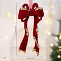 Elegant burgundy velvet Christmas bow ornament with gold sequins and hanging ribbon - Bow