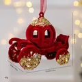 Elegant red flocked carriage Christmas tree ornament with gold sequins and size details - Pumpkin Carriage