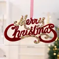 Wine red flocked Merry Christmas ornament with gold sequins for tree decoration - English Letter Plaque
