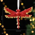 Glittery red dragonfly Christmas ornament with gold sequins and size dimensions. - Dragonfly / Single OPP Bag