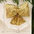 Grote gouden pailletten kerststrik ornament met witte rand van zachte imitatiebont - L / Gouden Pailletten