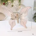 Pink Christmas fabric butterfly ornament with sequins and feathers for holiday DIY decor. - 30cm / Champagne Gold