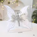 Elegant white fabric Christmas butterfly ornament with silver sequins and soft feathers - 30cm / Silver White