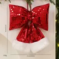 Grande fiocco di Natale rosso con paillettes e bordo in pelliccia sintetica bianca. - Taglia L / Paillettes Rosse