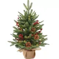 Close-up of a mini artificial Christmas tree with red berries, pinecones and LED lights - 55CM PE & PVC Mixed