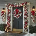 Close-up of elegant flocked Christmas wreath and garland set with red decorations and lights - Large Set (Size L) / Wreath + 2 Teardrop Trees + 3 Garlands