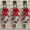 Triple view of 50cm flocked Christmas teardrop swag with red velvet bow and ornaments - 45cm Red Flocked Upside Down Tree / 1 Piece