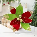 Élégante fleur de Noël en velours rouge et vert avec paillettes dorées et boules, 32 cm - Fleur en Velours à Paillettes / 32cm / Vert Pomme Rouge