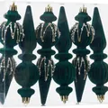 Set of green flocked Christmas finial ornaments in transparent gift box packaging - 6 Pieces/Set / Dark Green