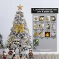 2,1m Luxus-Weihnachtsbaum-Set, grün beflockt, mit goldenem und silbernem Schmuck - Dichter grüner beflockter Baum Gold Silber Schmuckset / 2,1 Meter