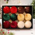 Set di 12 palline di Natale in velluto da 8 cm con stelle dorate in scatola regalo nera - 12 Pezzi/Confezione (Diametro 8cm) / Palla in Tessuto Stella Stile A (6 Colori x 2)