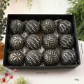 Boxed set of 12 antique black and gold 8cm Christmas baubles with varied textures - Set of 12 / Antique Black