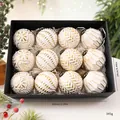 Set of 12 vintage white and gold 8cm Christmas ball ornaments presented in a black gift box - Set of 12 / Antique Gold
