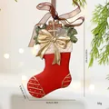 Decorative vintage red resin Christmas stocking ornament with golden bow and size annotations - Bow Christmas Sock