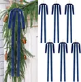 Set of 6 navy blue velvet Christmas bows with long tails for tree and garland decor - Fog Blue