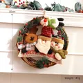 Christmas rattan wreath with plush Santa, snowman, reindeer and Merry Christmas banner - Three Snowmen with Green Scarf