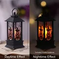 Halloween LED pumpkin lantern with battery, showing day and night lighting effects - Small Square Pumpkin Lantern