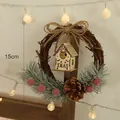15cm Christmas decorative vine wreath with miniature wooden house and pine needle detail - Little House Vine Ring