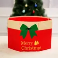 Red octagonal collapsible Christmas tree skirt box with green bow and Merry Christmas print - Decorative Tree Box / Red