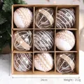 Lot de 9 boules de Noël rustiques avec dentelle et toile de jute dans une boîte kraft - Ensemble de 9 Pièces / 8cm / Style Naturel A