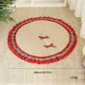 Burlap Christmas tree skirt with red plaid ruffled edge, 39 inch round holiday mat - Red Plaid / 100cm