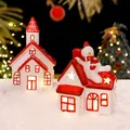 Décorations de maison de Noël en céramique LED rouge et blanc avec bonhomme de neige - Décorations de Noël / Ensemble de 2 Lampes en Céramique Peinte