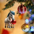 Detailed view of cartoon horse ornament holding a red ball on a festive tree branch - Cartoon Horse Style 03