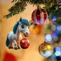 Detailed view of white cartoon horse acrylic ornament hanging on a Christmas tree - Cartoon Horse Style 04