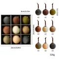 Set of 9 flocked Christmas tree ornaments in earthy tones with size and weight details - 9 Pieces Set (8cm) / 9 Colors Assorted