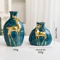 Blaugrünes Keramikvasen-Set mit elegantem goldenem Hirschrelief für die Weihnachtsdeko - Klein + Groß / Vasenset / Blauer Elch