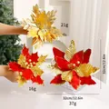 Fleurs de poinsettia de Noël pailletées rouge et or en velours pour décoration de fête - Ensemble 2 (L) / Ensemble Multi-pièces (Env. 32cm de Diamètre) / Assortiment Rouge Or Argent