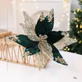 Fleur de Noël artificielle en velours vert et paillettes dorées pour décor de vacances - Ornement de Fleur de Noël / Env. 29cm de Diamètre / Vert foncé