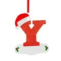 Red glitter English letter Y Christmas ornament with Santa hat and hanging ribbon - Y