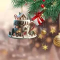 Close-up of festive acrylic Christmas ornament featuring a coffee cup gingerbread house - Gingerbread House Coffee Cup Style / Christmas Coffee Cup
