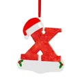 Detailed view of red glitter letter X Christmas tree ornament featuring a small Santa hat - X