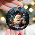 Detailed view of circular acrylic Santa Claus ornament with 3D brick wall effect - Creative Penguin Style 01