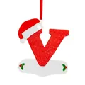 Red glitter letter V Christmas ornament with a Santa hat and hanging ribbon detail - V-Neck