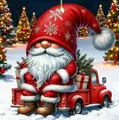 Detail van acryl kerstornament met kabouter op rode vrachtwagen in de sneeuw. - Stijl 05