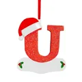 Red glitter alphabet letter U Christmas ornament with a Santa hat hanging decoration - U