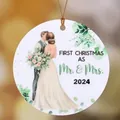 Circular Christmas ornament featuring romantic wedding couple illustration and 2024 text - First Christmas Couple Style (01)