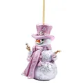 Detailed view of a pink and white acrylic Christmas snowman hanging ornament. - Christmas Snowman Style 4