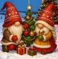 Gedetailleerde illustratie van kerstkabouters op een platte acryl kerstboomhanger - Stijl 08