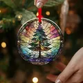 Detail view of a stained glass style acrylic Christmas tree ornament with ribbon. - Artistic Stained Tree Style (04)