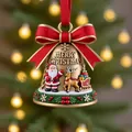 Detailed view of an ornate Santa and reindeer bell ornament with festive bow decor - Style 4
